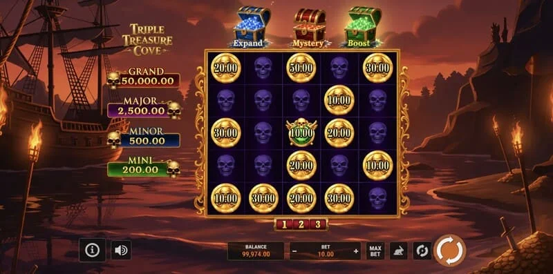 Triple Treasure Cove - ecranul principal cu role și un golf de pirați